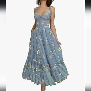 Embroidery flower tuelle prom dress